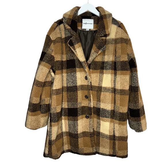 American Eagle Outfitters Brown Plaid Sherpa Teddy Coat Pockets Size Large - Picture 2 of 10